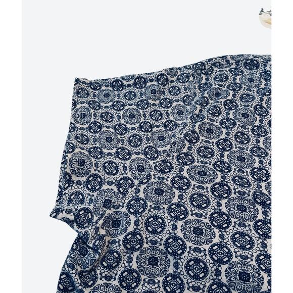 BLUE MOUNTAIN SHORT SLV PULL-OVER V-NECK TOP, WOMENS, 2X, BLUE GEOMETRIC PATTERN - Picture 8 of 11